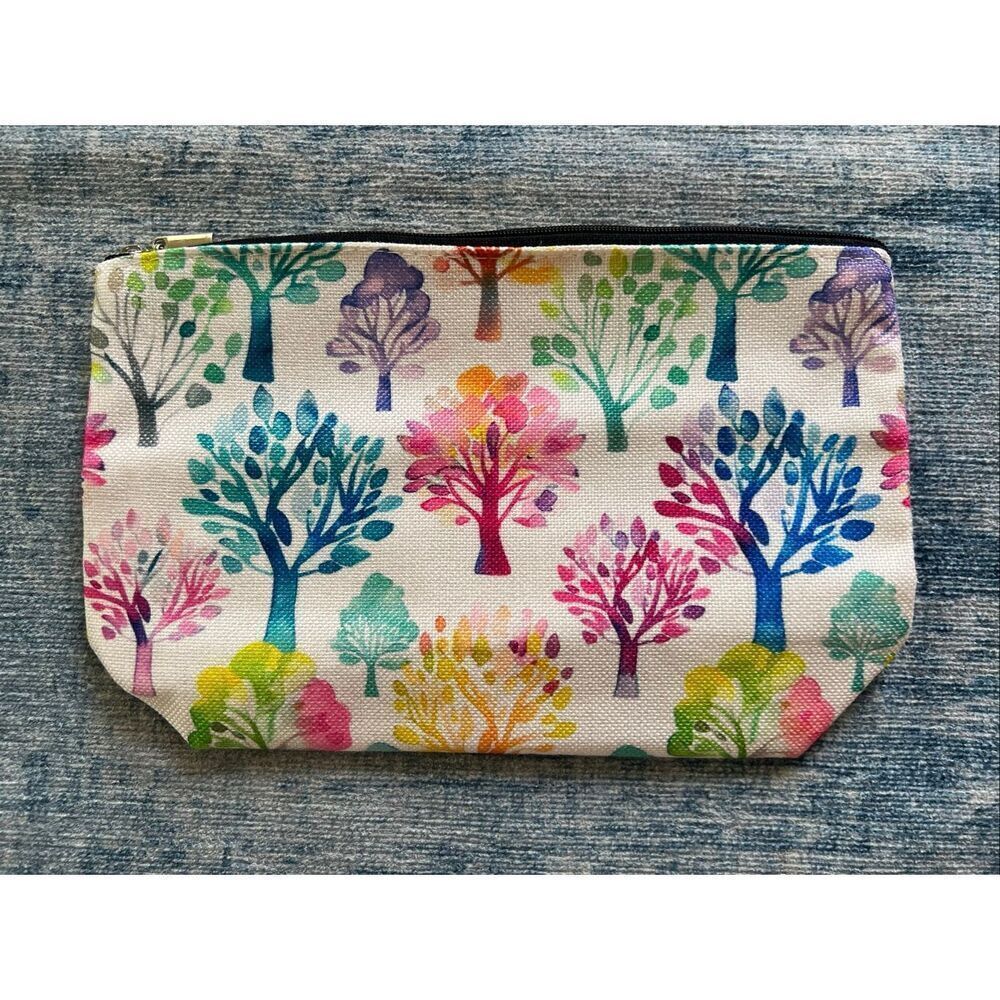 Rainbow Watercolor Trees Cotton Canvas Small Makeup Bag Travel Toiletry Pouch